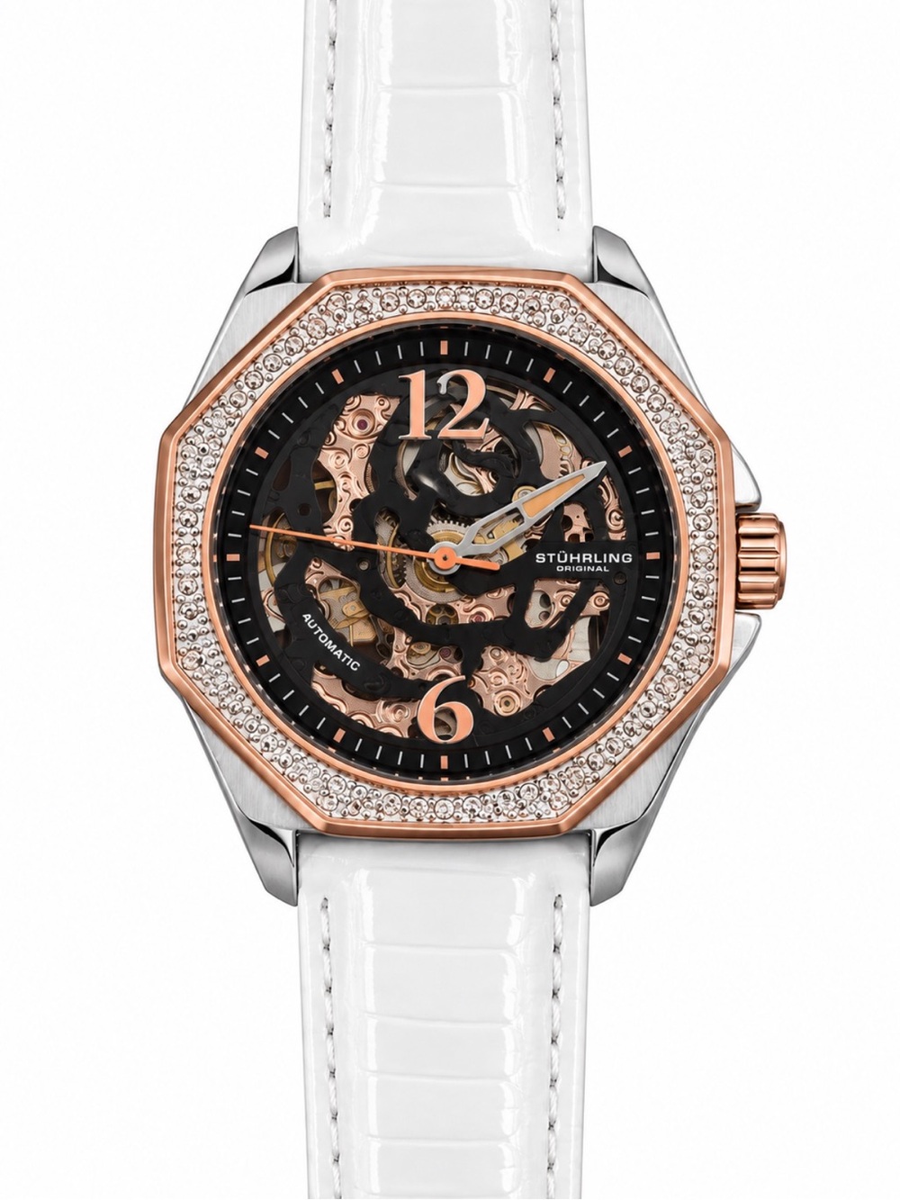 Stührling Limited Edition Rose Gold White Strap Croc Aquadiver Nemo Skeleton